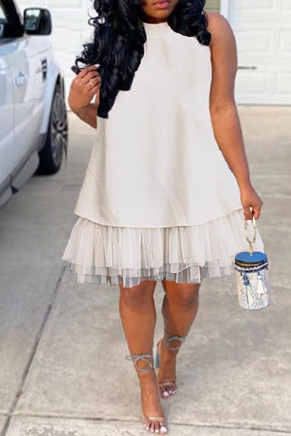 Pretty Sleeveless A-line Tulle Mini Dress Beige-L