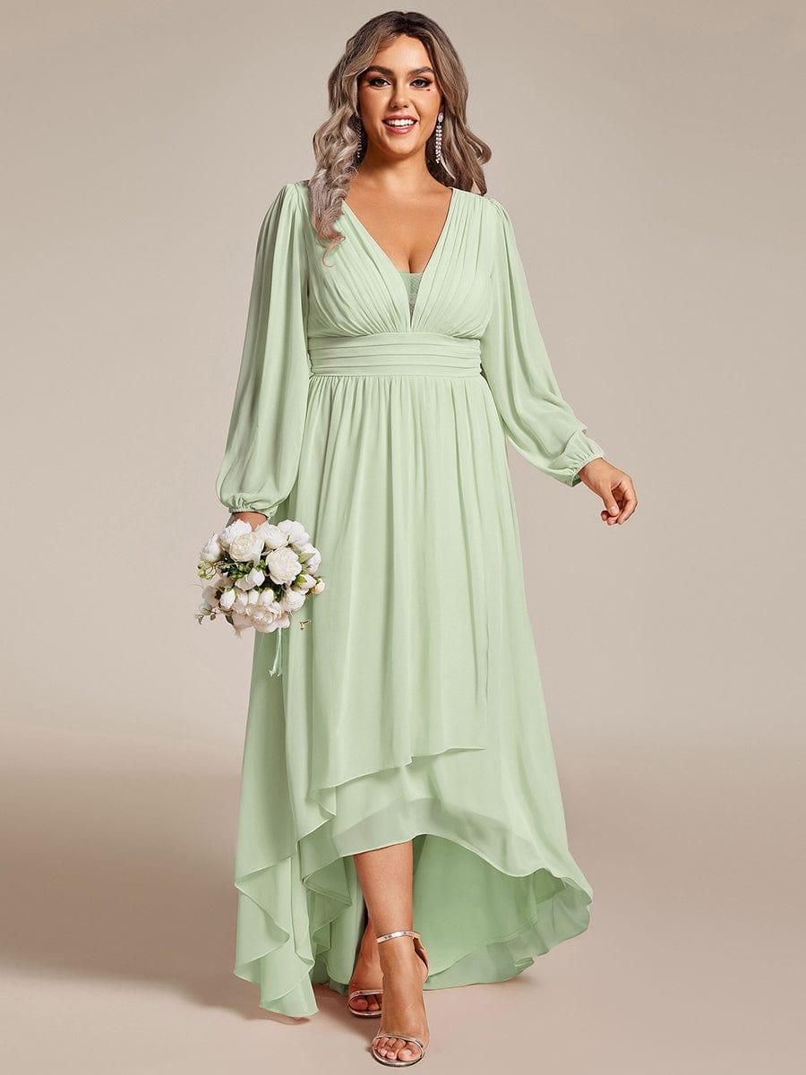 pretty GRIFFIN|Plus Size V-Neck Long Lantern Sleeves A-Line Chiffon Bridesmaid Dress - Mint Green / 20
