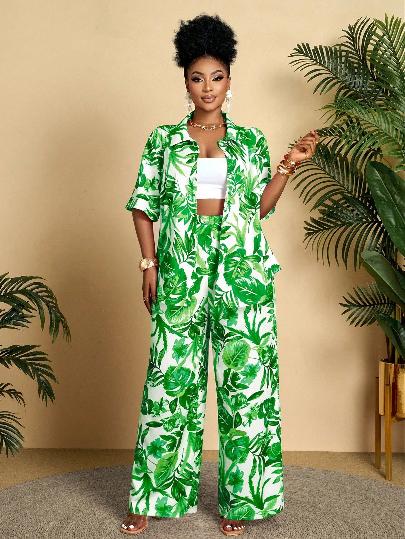 New Plus Size Spring And Summer Women's Casual Holiday Outing Pink Floral Short-Sleeve Shirt Top Wide-Leg Straight Long Pants Two Pieces Set