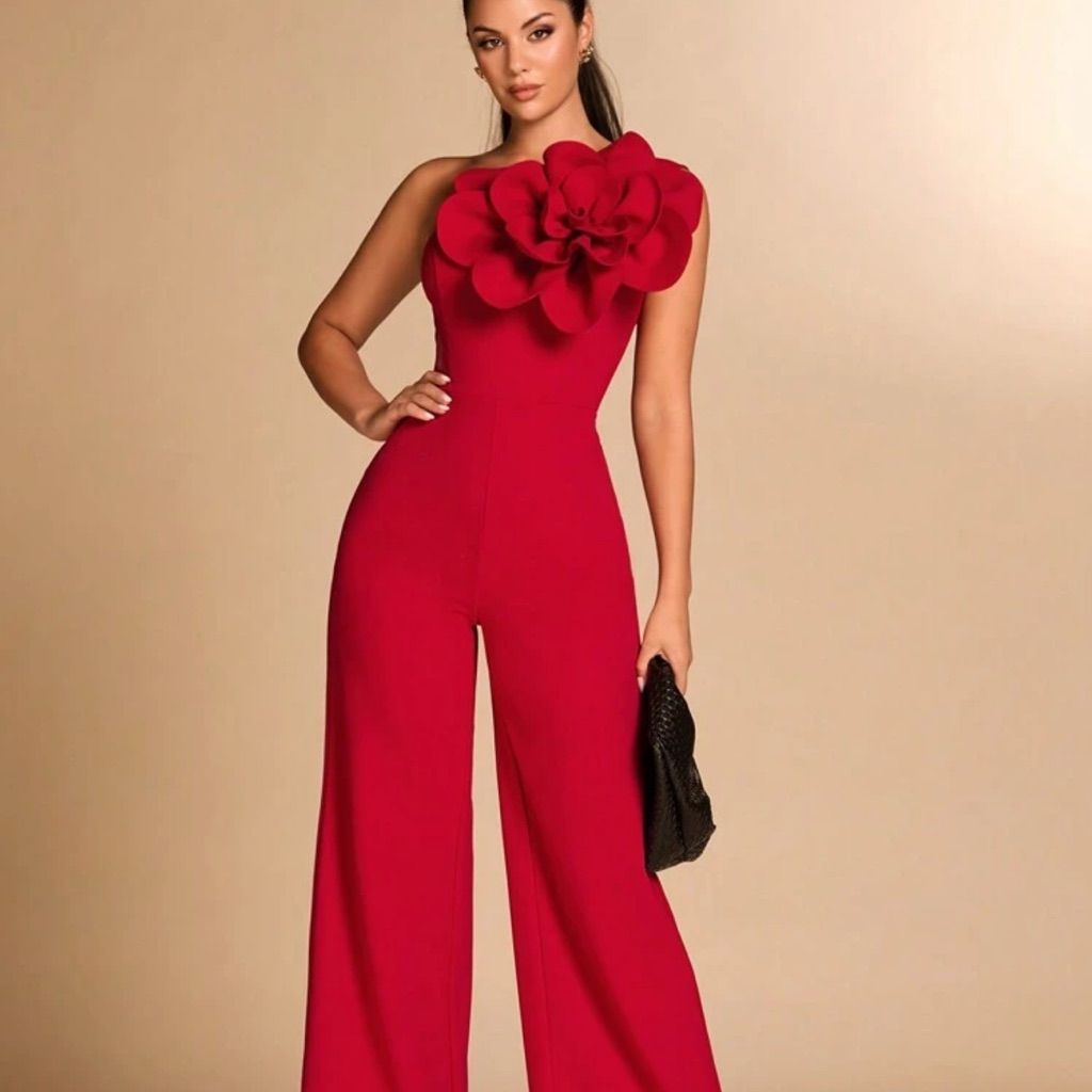 Rebellious Rose Pants & Jumpsuits | Red Asymmetric Shoulder Tight Fitting Elegant 3d Floral Decor Jumpsuit, | Color: Red | Size: Various
