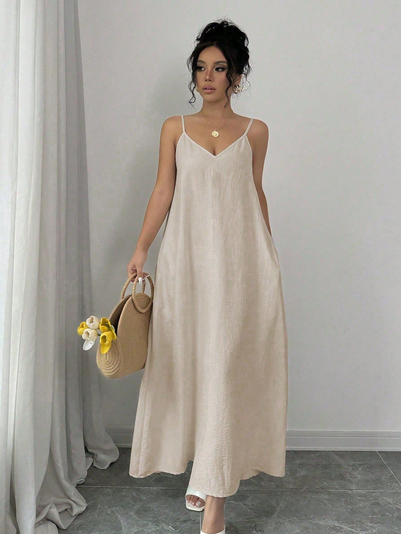 Adjustable Strap Loose White Long Cami Dress For Women Maxi Women Outfit