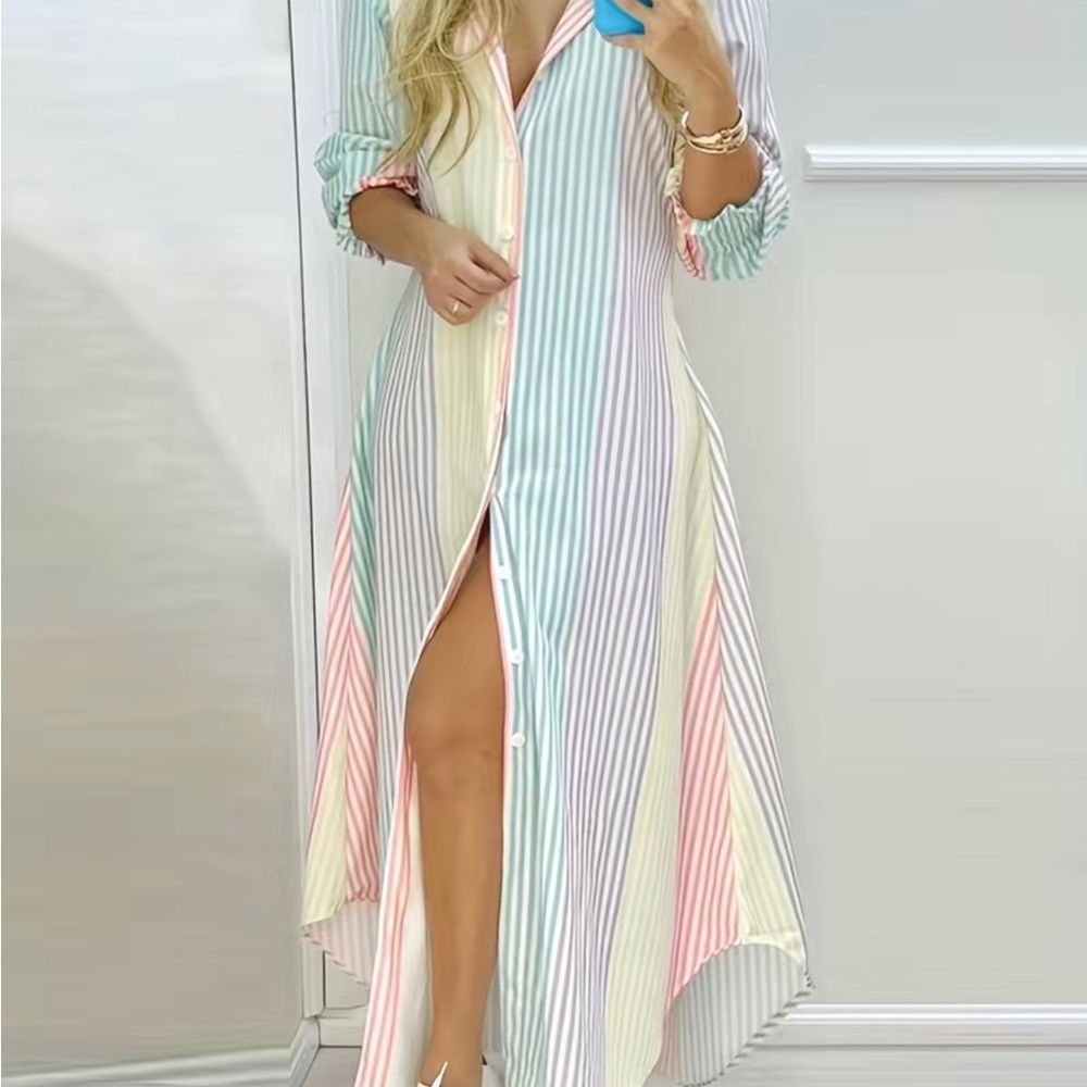 New! Jrs Plus 1xl 12 Yellow Poplin Style Pastel Stripe Button Lounge Dress | Color: Yellow | Size: Xlj