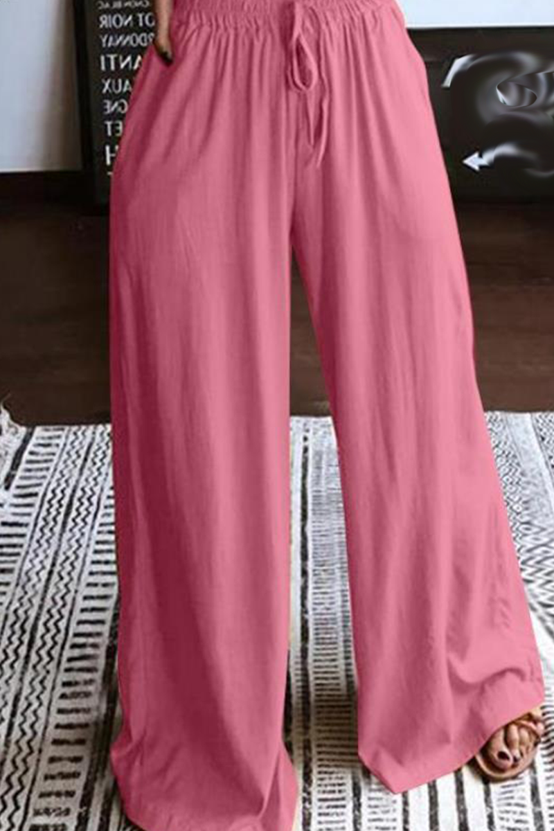 Casual Solid Patchwork Loose High Waist Wide Leg Solid Color Bottoms Pink-L