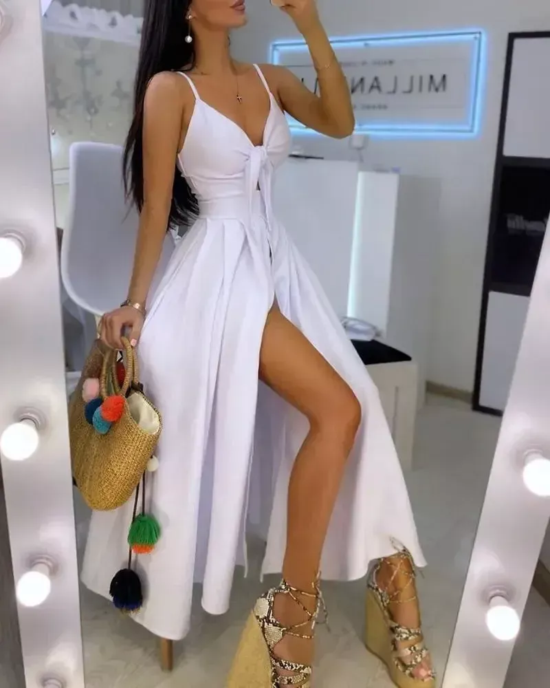 Lasaky - Spaghetti Strap Tie Cutout Buttoned Maxi Dress