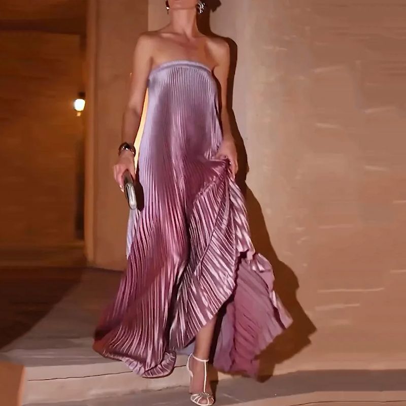 Ellafads Women's Maxi Dress Fashion Summer Elegant Sleeveless Tube Top Mermaid Color Pleated Loose