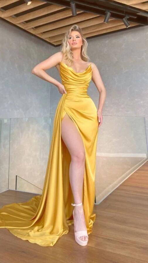 Sexy V-Neck Yellow Long Formal Prom Dresses With Split