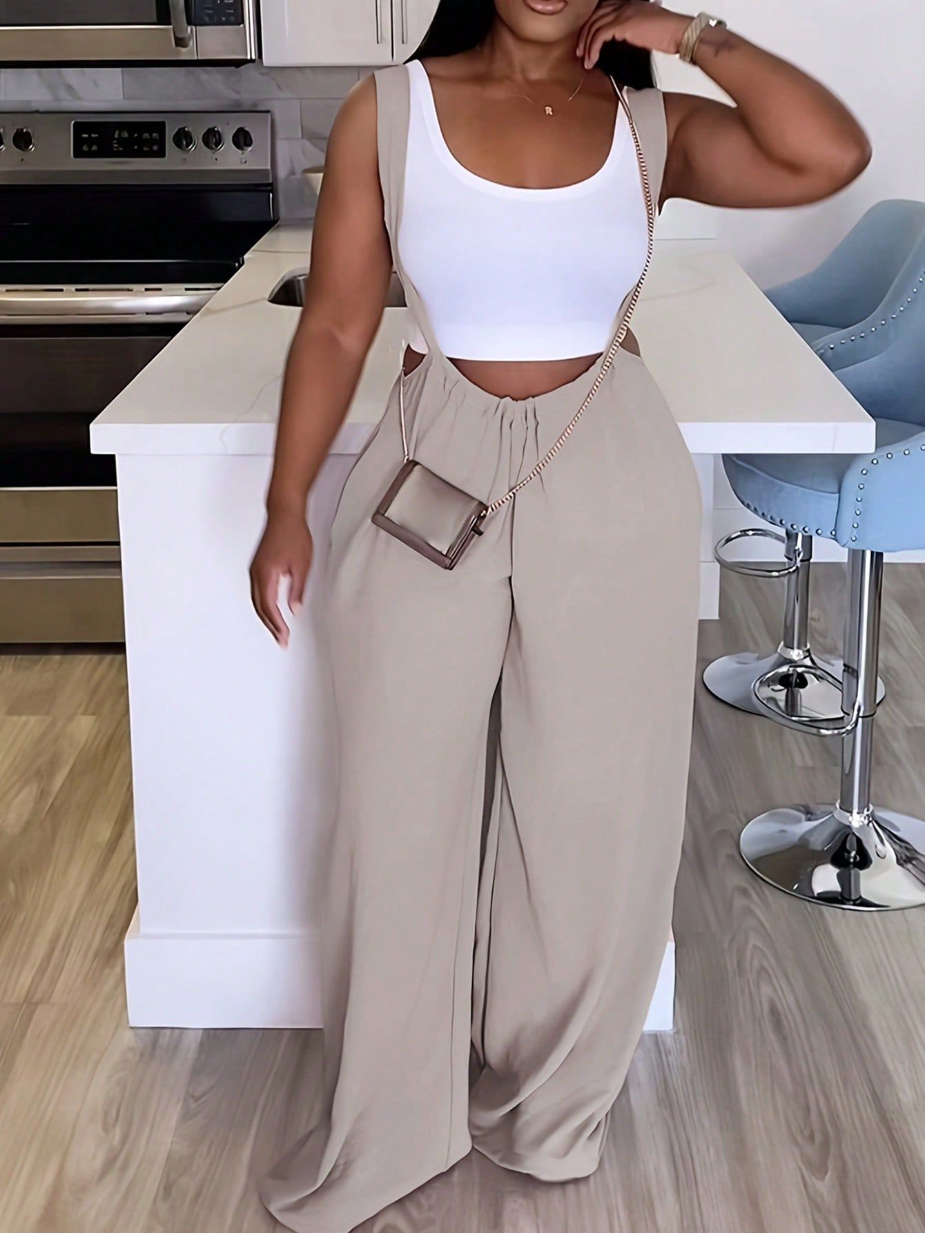 Plus Size Women Solid Color Wide Leg Casual Loose Jumpsuit