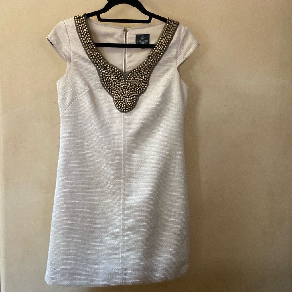 Adrianna Papell Dresses | Sz 4p Adrianna Papell Cap Sleeve Sheath Dress Fully Lined Beaded Collar | Color: Cream/Gold | Size: 4p