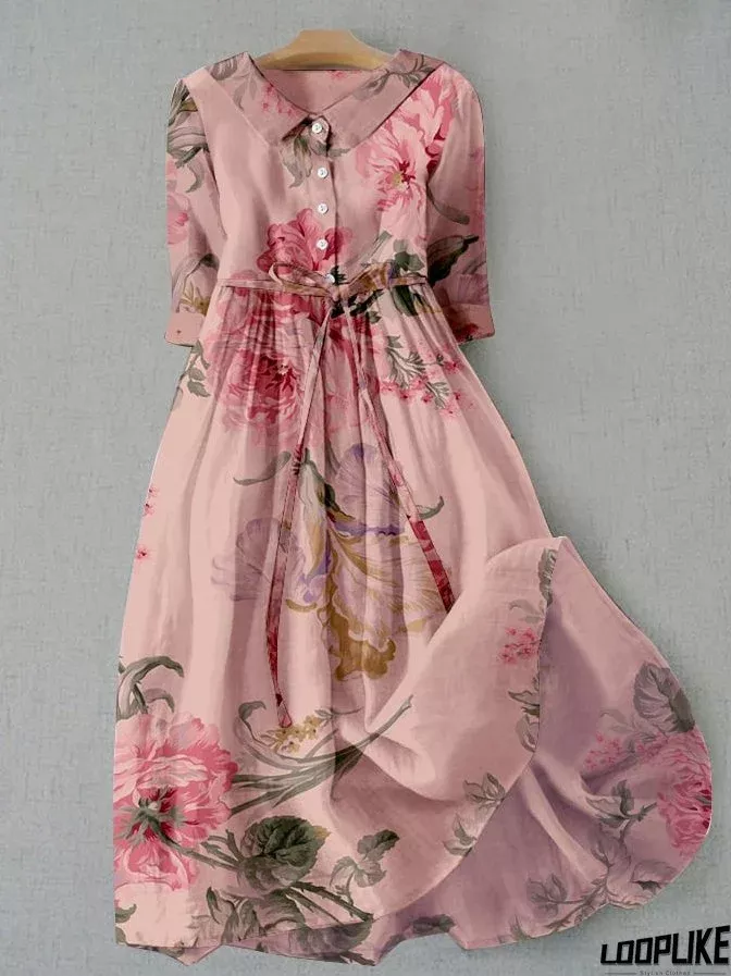 Women's Vintage Botanical Floral Print Lace-Up Pocket Dress