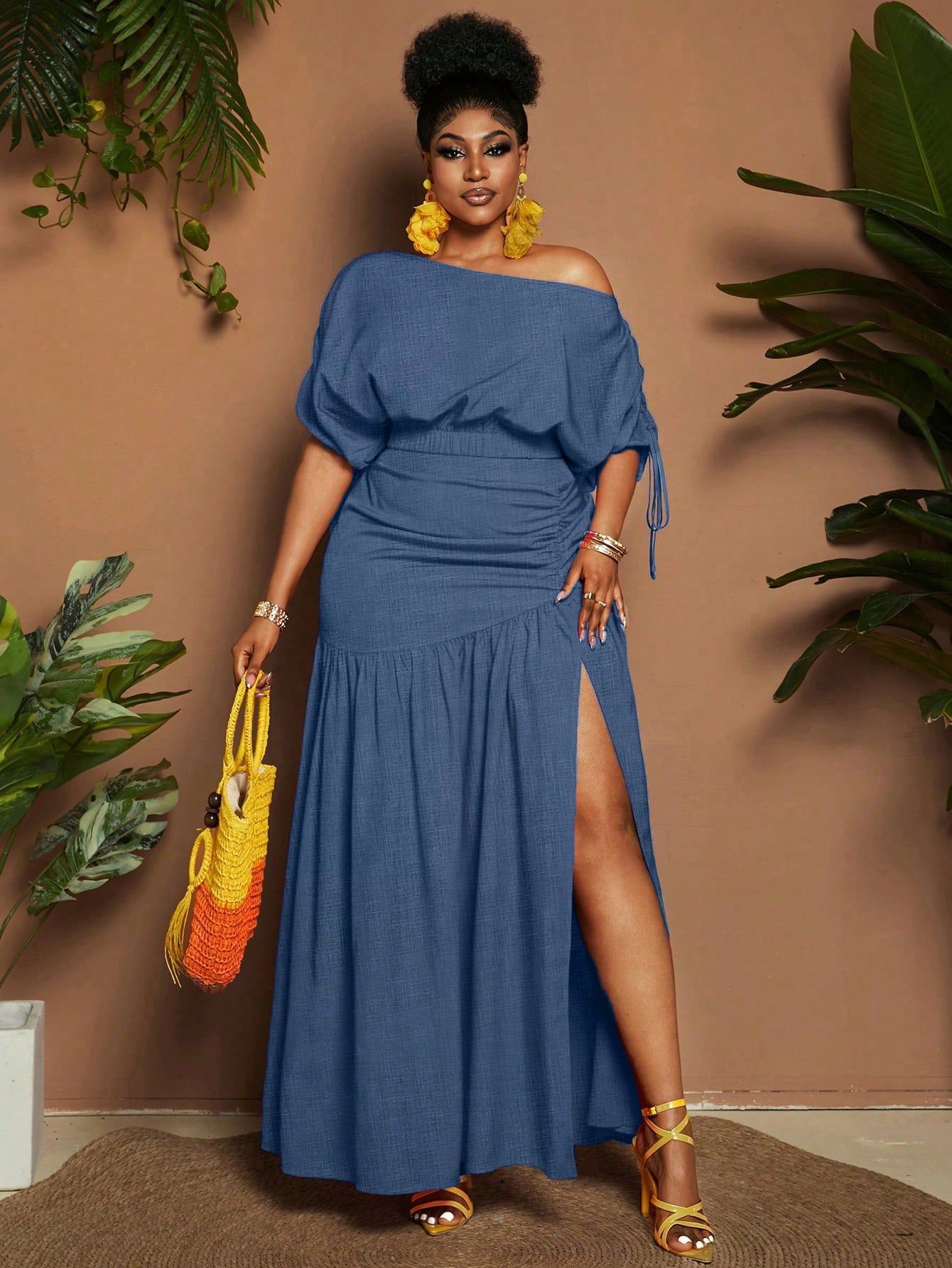 Plus Size Solid Color Cropped Top And High Slit Hem Short Skirt Two Pieces Set, Holiday Fashion
