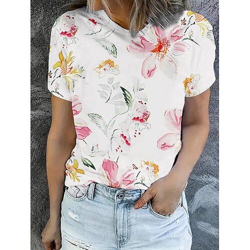 Women's T Shirt Summer Tops Floral Graphic Classic Casual Short Sleeve Crew Neck Crop Tops Daily Weekend Print Rainbow Summer Spring Fall