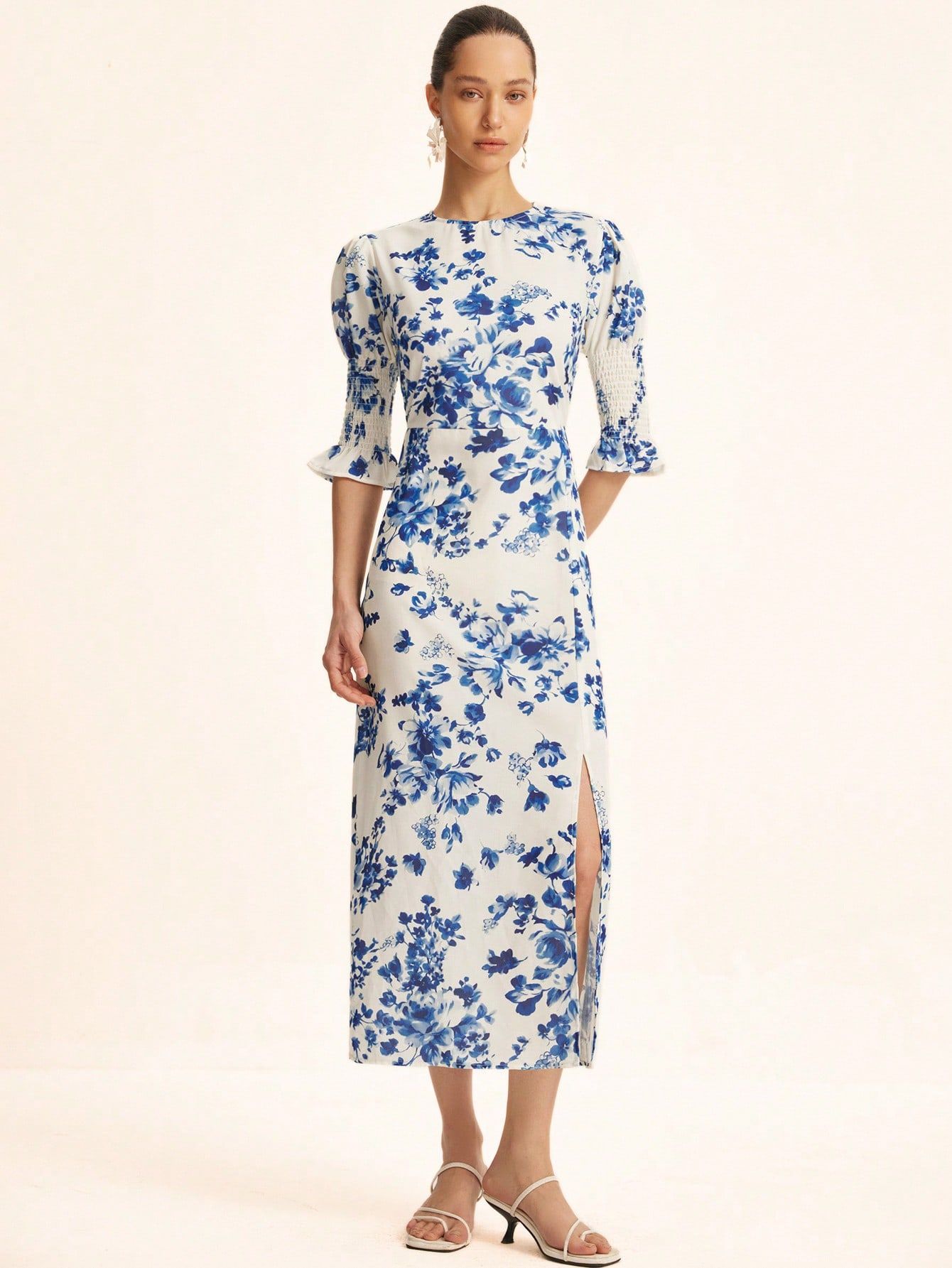 New Elegant Women French Chic Minimalist Generous Round Collar 3/4 Puffy Sleeve Waist Defining Slim Fitting Side Slit Straight Dress With Floral Print, Long Maxi Length