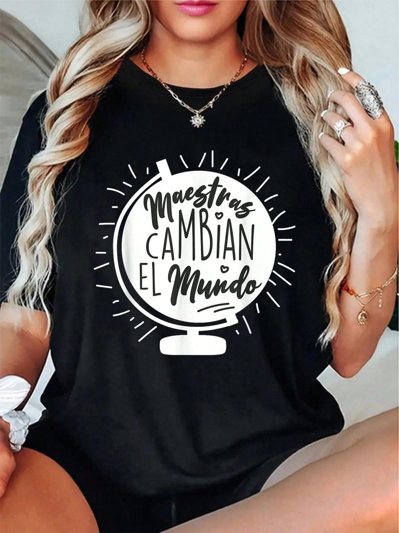 Maestras Cambian El Mundo Teachers Change The World Design T-Shirt - 100% Cotton Graphic Tees Women, Top Shirt Women Summer Tops Clothes