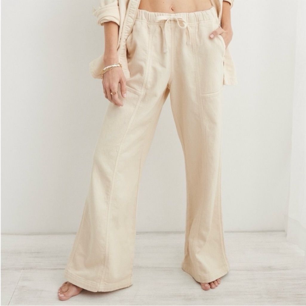 Aerie Pants & Jumpsuits | Aerie Me-Day Tie Waist Drawstring Wide Leg Pants In Vintage Vanilla | Color: Cream | Size: L