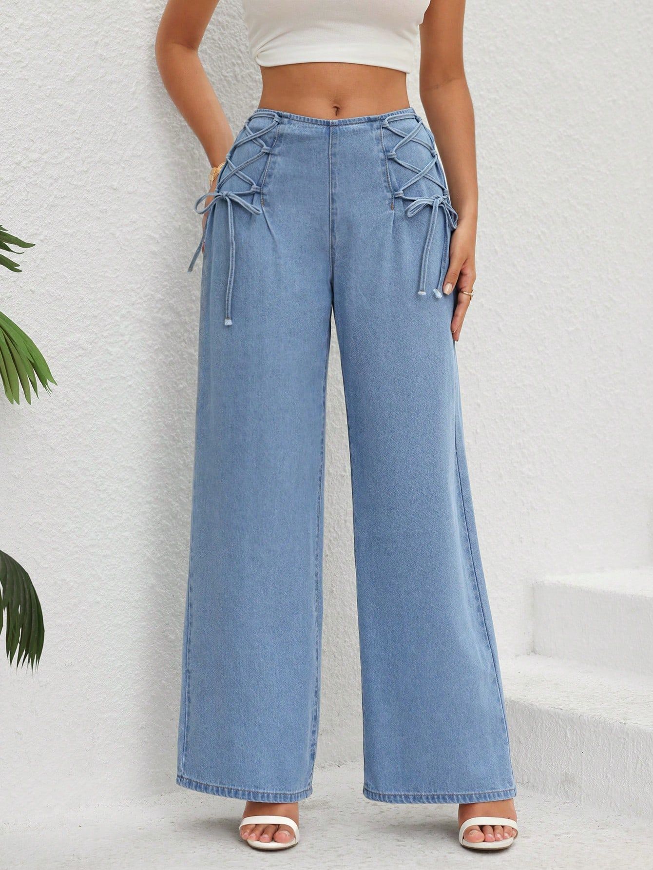 Lace Up Front Wide Leg Jeans