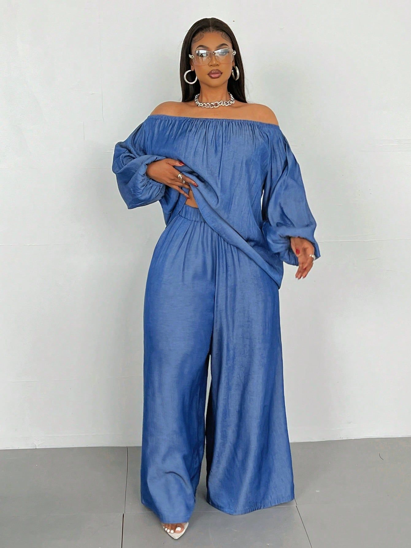 Plus Size Women Solid Color Off Shoulder Lantern Sleeve Shirt And Pants Casual 2pcs Set