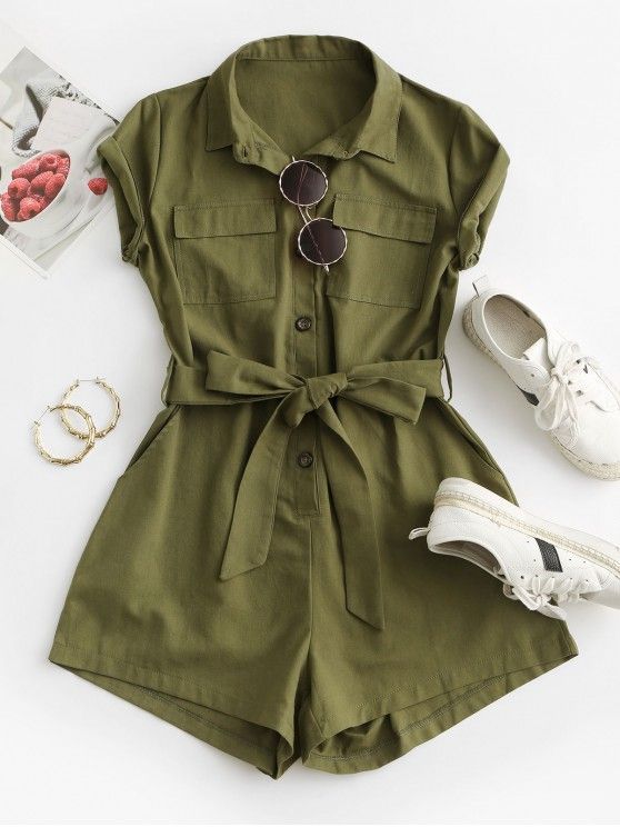 Belted Pockets Solid Cargo Romper - Green S