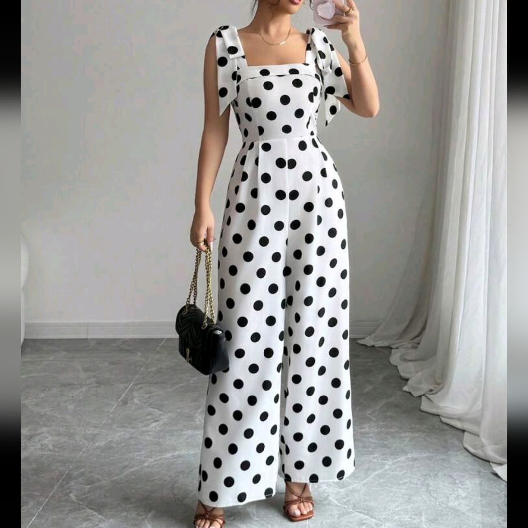 Women's Black & White Polka Dot Bow Front Jumpsuit, Fashion Vacation Style | Color: Black/White | Size: Various