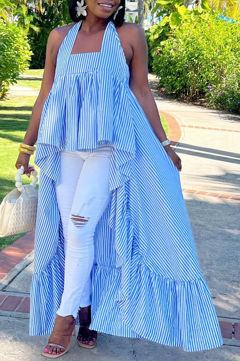 Plus Size Vacation Blue Sundress Striped Halter Collar Asymmetric Hem Ruffle Tank Tops