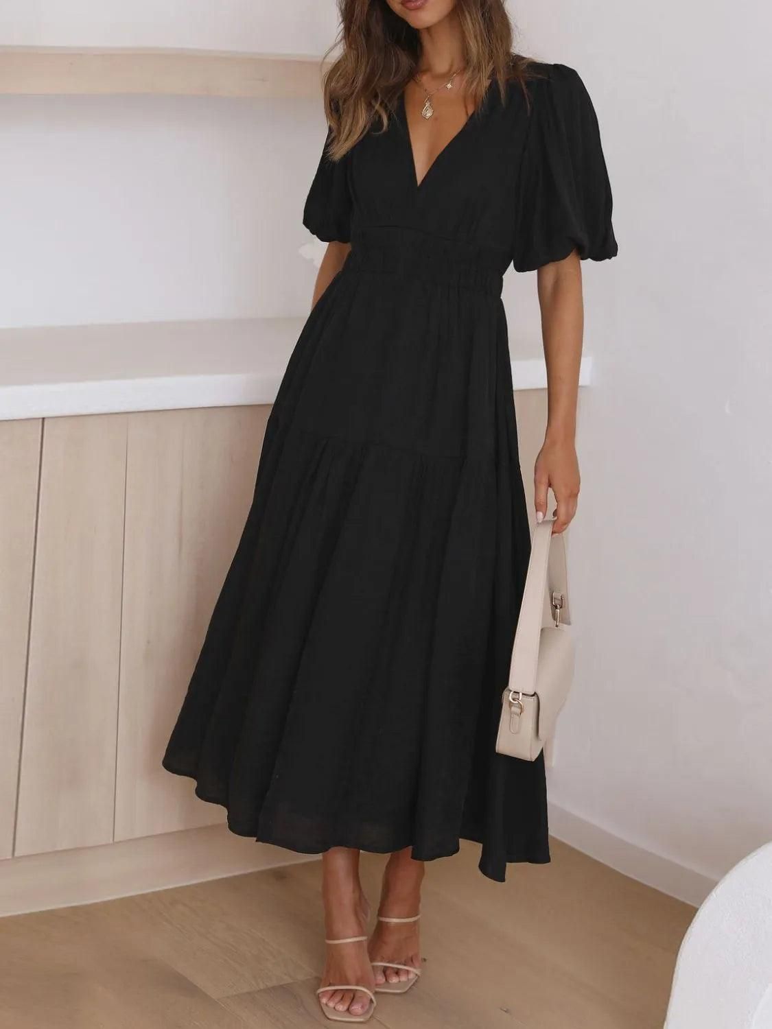 Montret V-Neck Puff Sleeve Midi Dress - Black / L