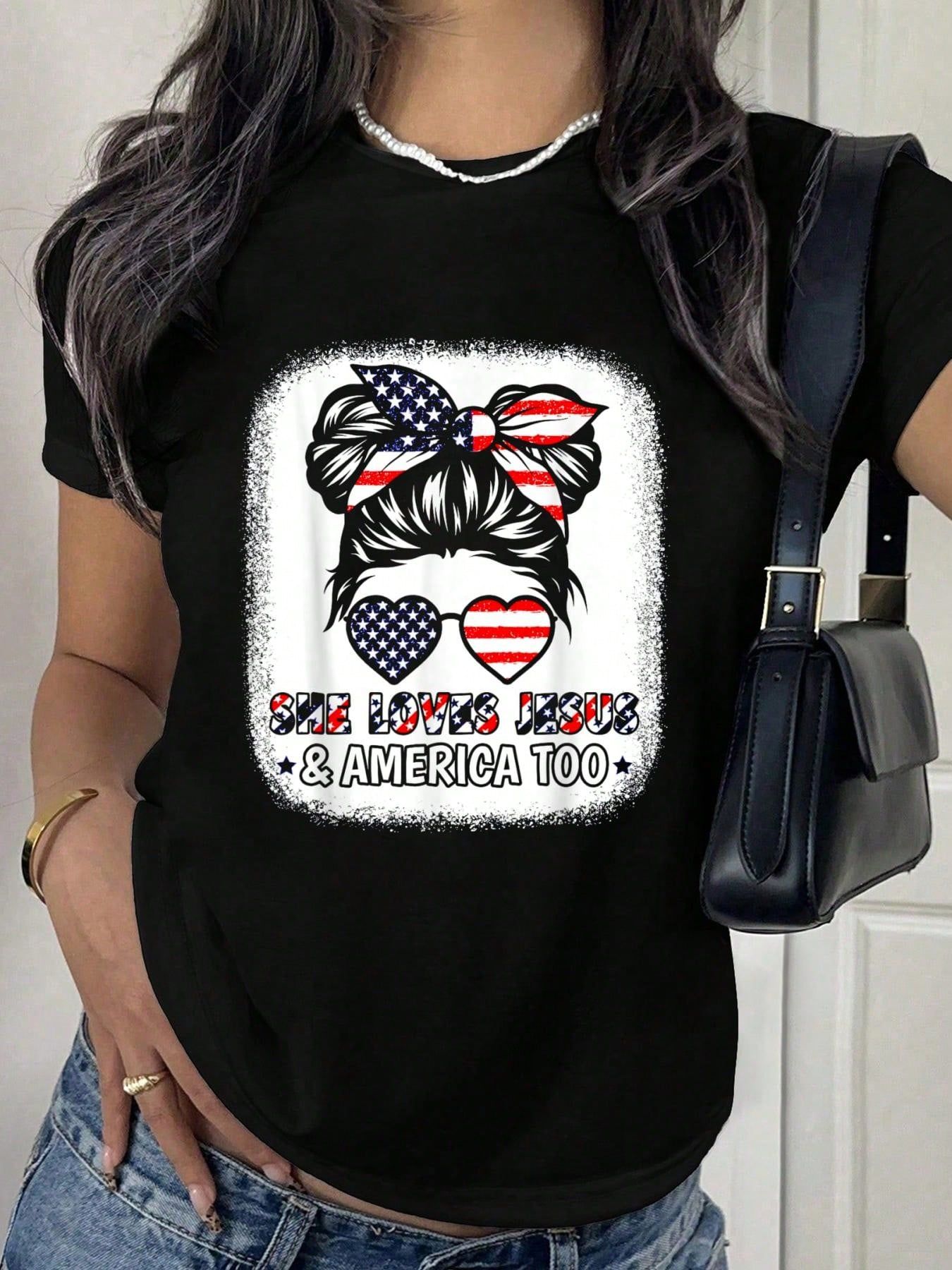 She Loves Jesus And America Too 4th Of July Christian Lover T-Shirt Print T-Shirt Casual Crew Neck Short Sleeve Comfort Tee Top For Spring & Summer Women's Clothing