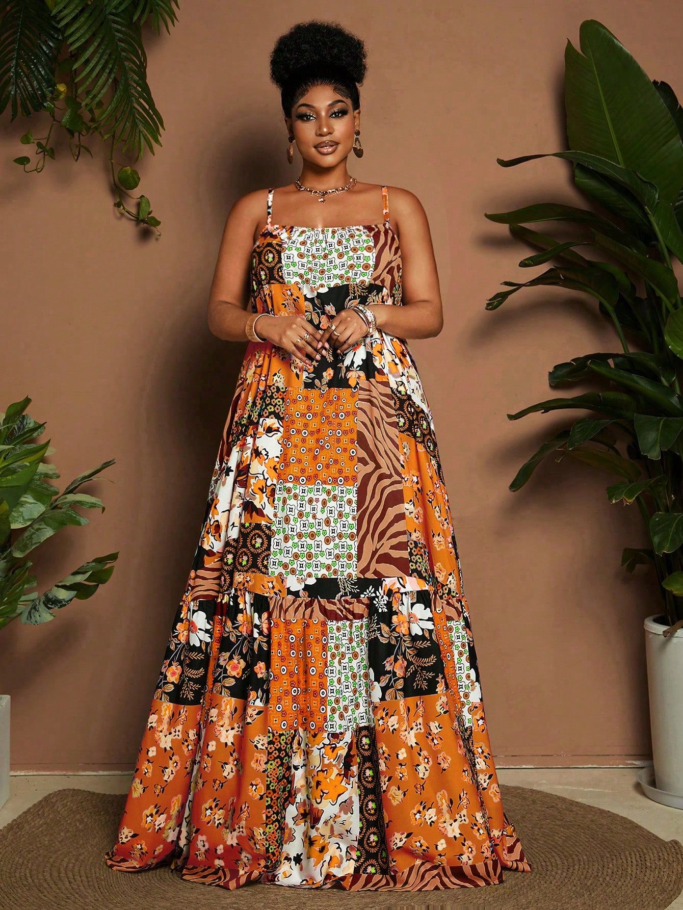 Plus Size Full Print Casual Vacation Ruffle Hem Spaghetti Strap Dress