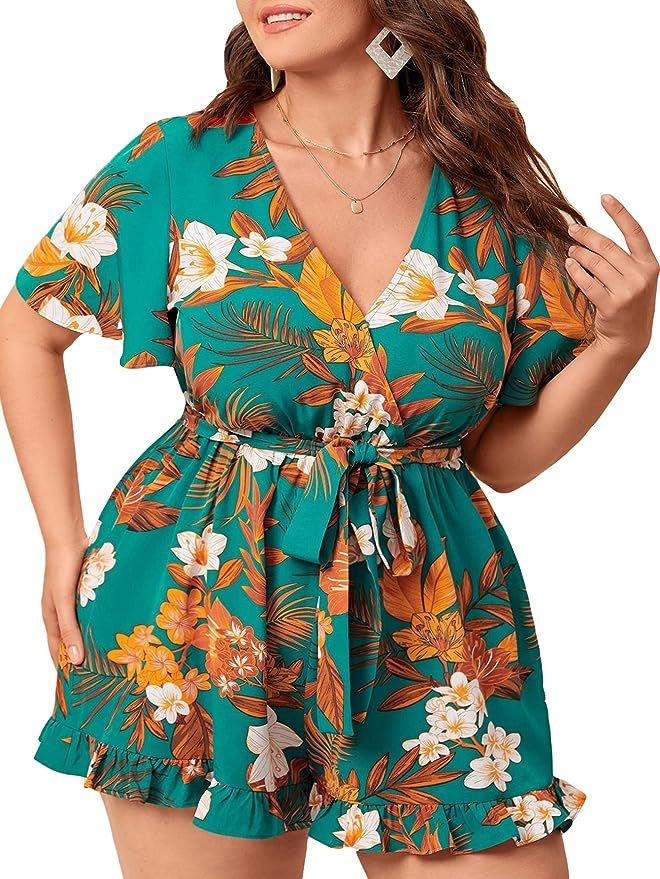 WDIRARA Women's Plus Size Floral Print Belted Ruffle Hem Wrap Short Sleeve Short Romper