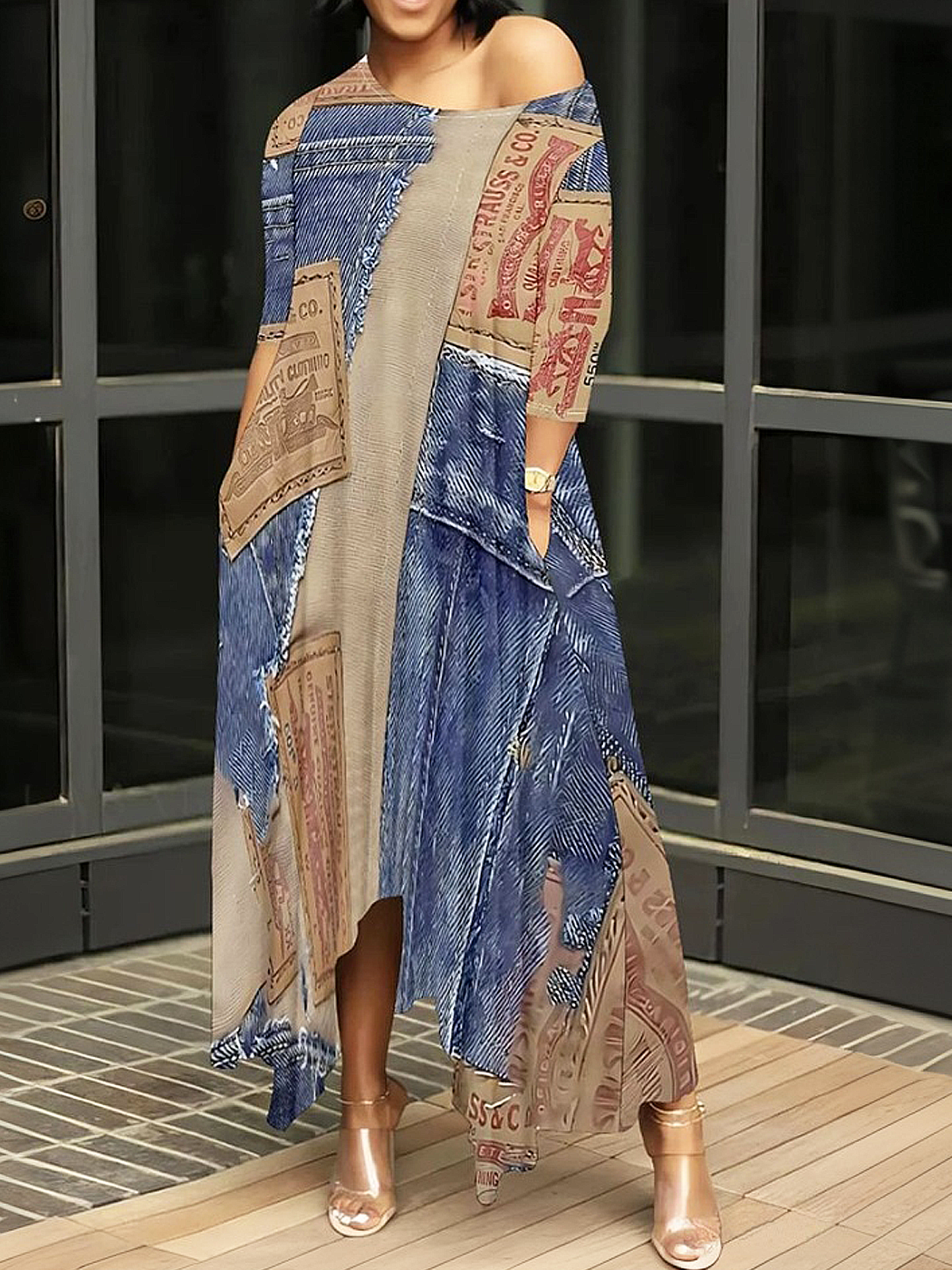 StyleWe Women Casual Maxi Dress Natural A-Line Asymmetrical Off Shoulder Sleeve Summer For Daily