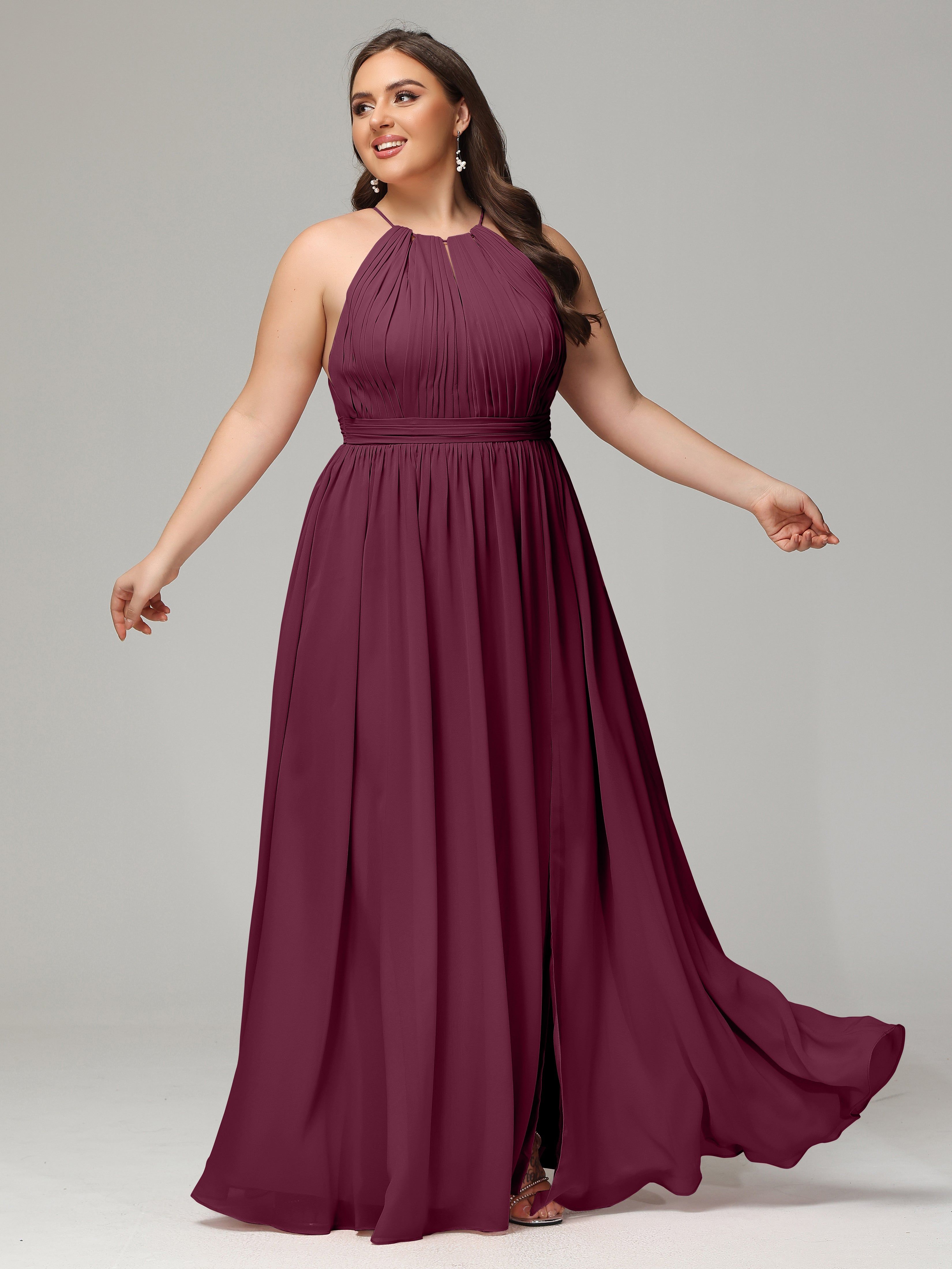 Floor Length Halter Plus Size Split Chiffon Bridesmaid Dresses, Mulberry