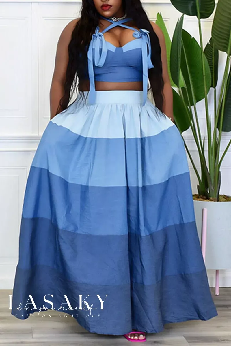 Lasaky - Plus Size Blue Striped Patchwork Bandage Two-Piece Set with Spaghetti Straps - Blue, 5XL