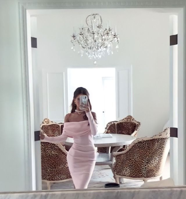 Pretty Sheath Off The Shoulder Pink Long Sleeves Prom Dresses Formal Evening Dress SD1411 - As Photo / US 6