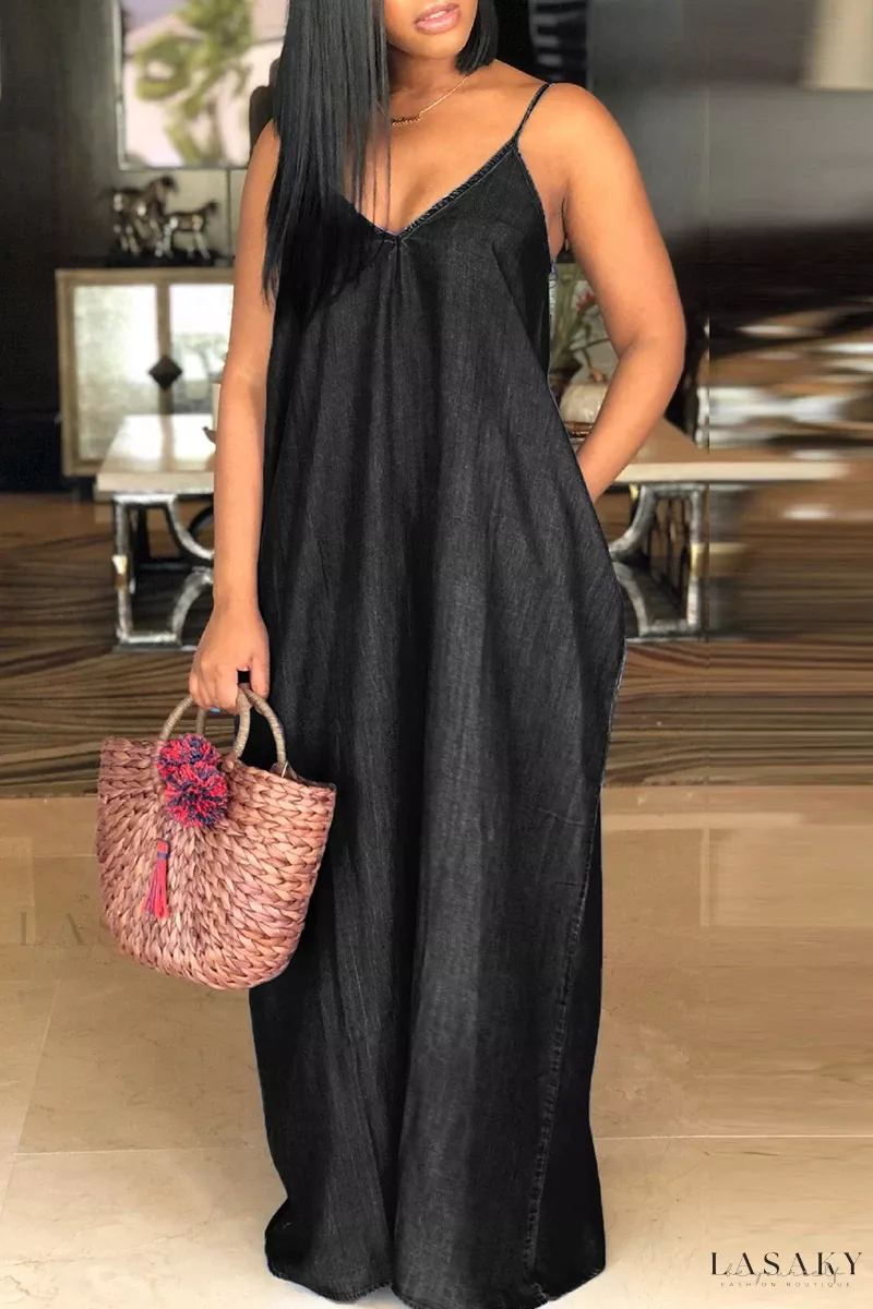 Lasaky - Stylish Womens Blue Solid Print Slip Dress for Sophisticated Casual Events - Black, L