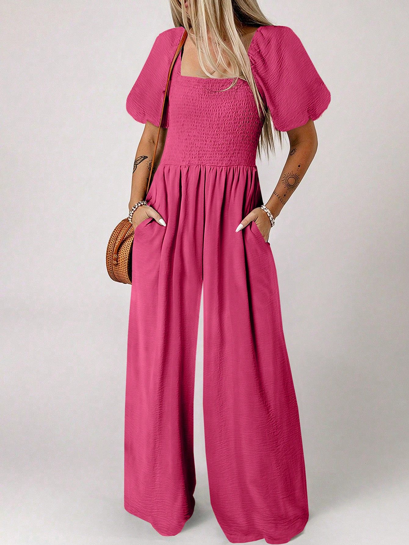 Women's Solid Color Minimalist Daily Square Neck Short Sleeve Jumpsuit, Loose Fit