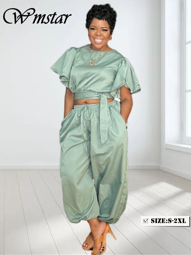 Wmstar Two Piece Outfits  Women Wholesale Solid Casual Top and Bandage Pants Sets Wide Leg Elegant