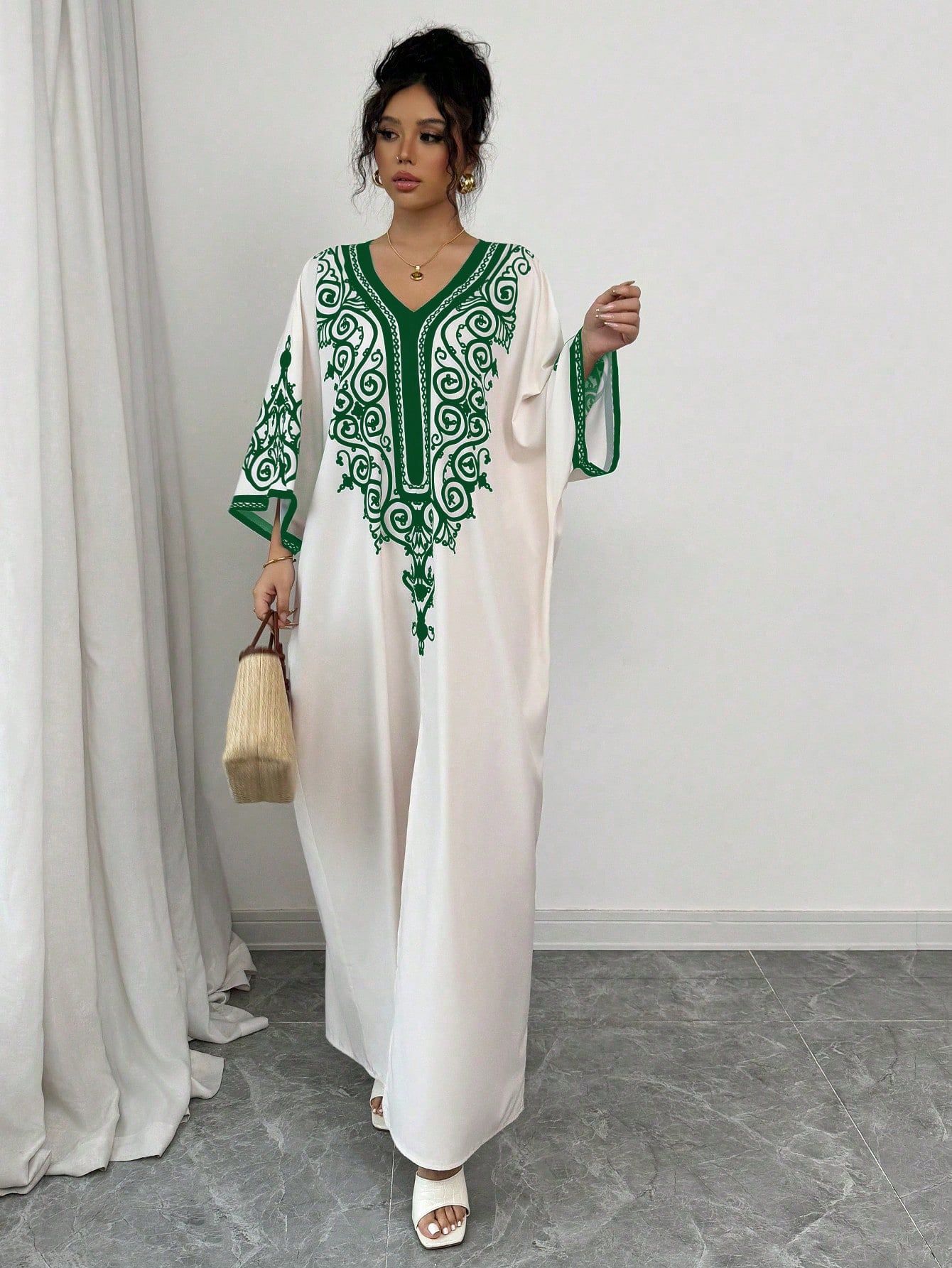 Women's V-Neck Placement Printed Batwing Sleeve Slit Dress