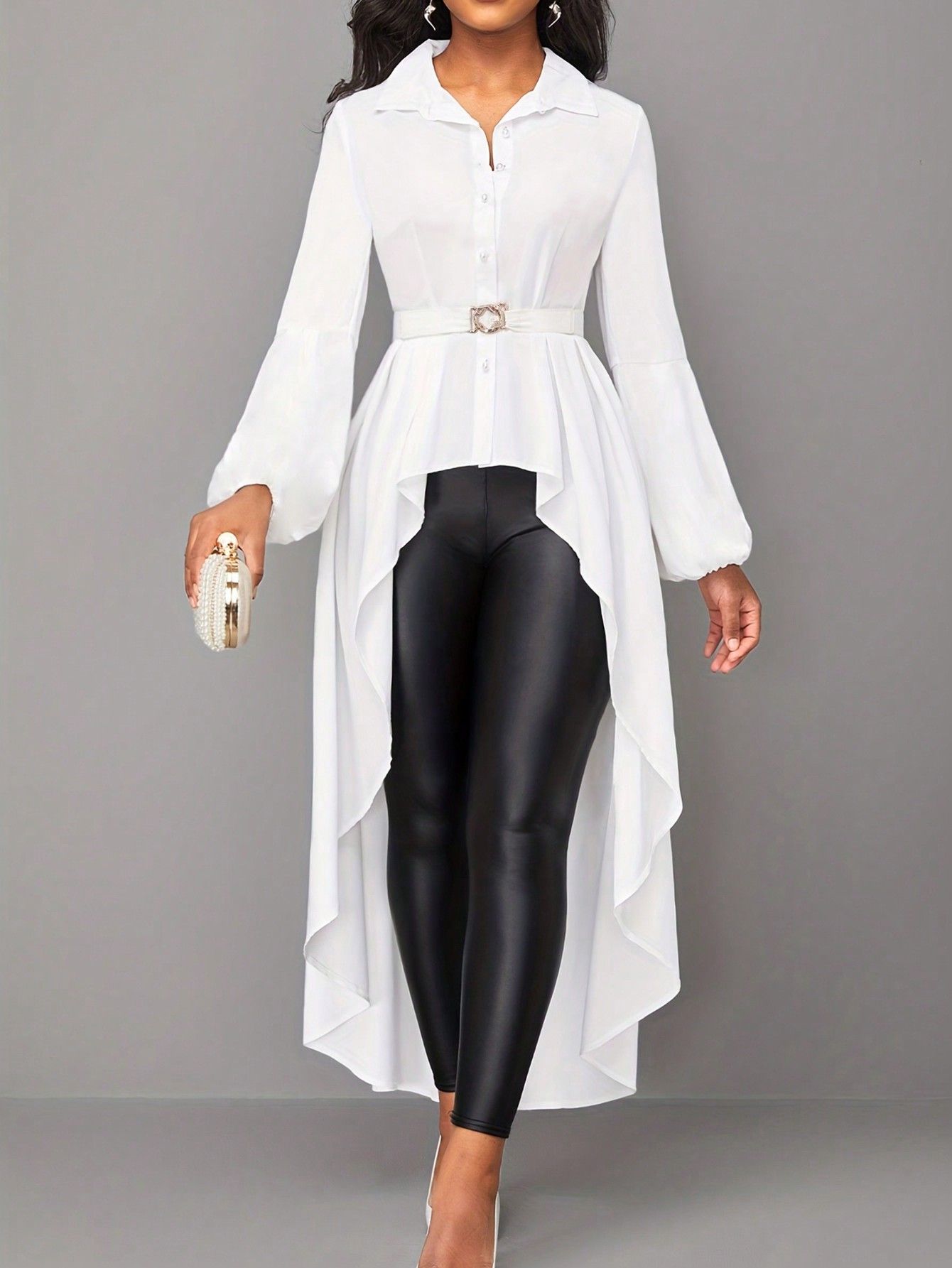 Plus Size Solid Color Lantern Sleeve Asymmetrical Hem Blouse
