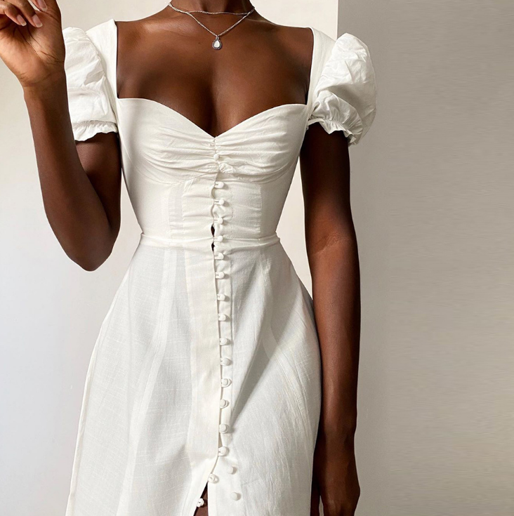 Solid Color Bubble Short-Sleeved Slim High Waist Princess Dress from woosus