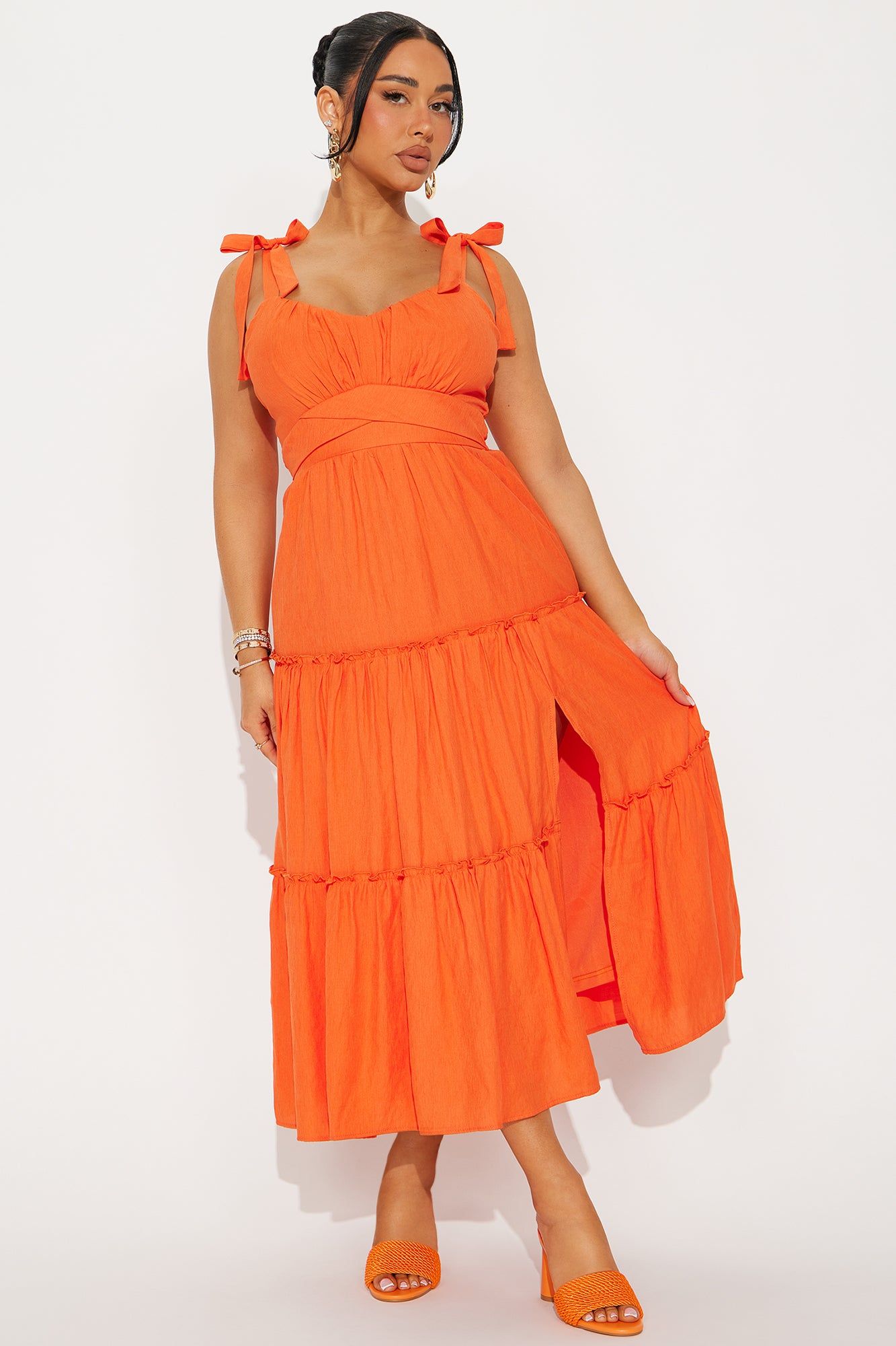 Women's Aliana Tiered Midi Dress in Coral Size Large