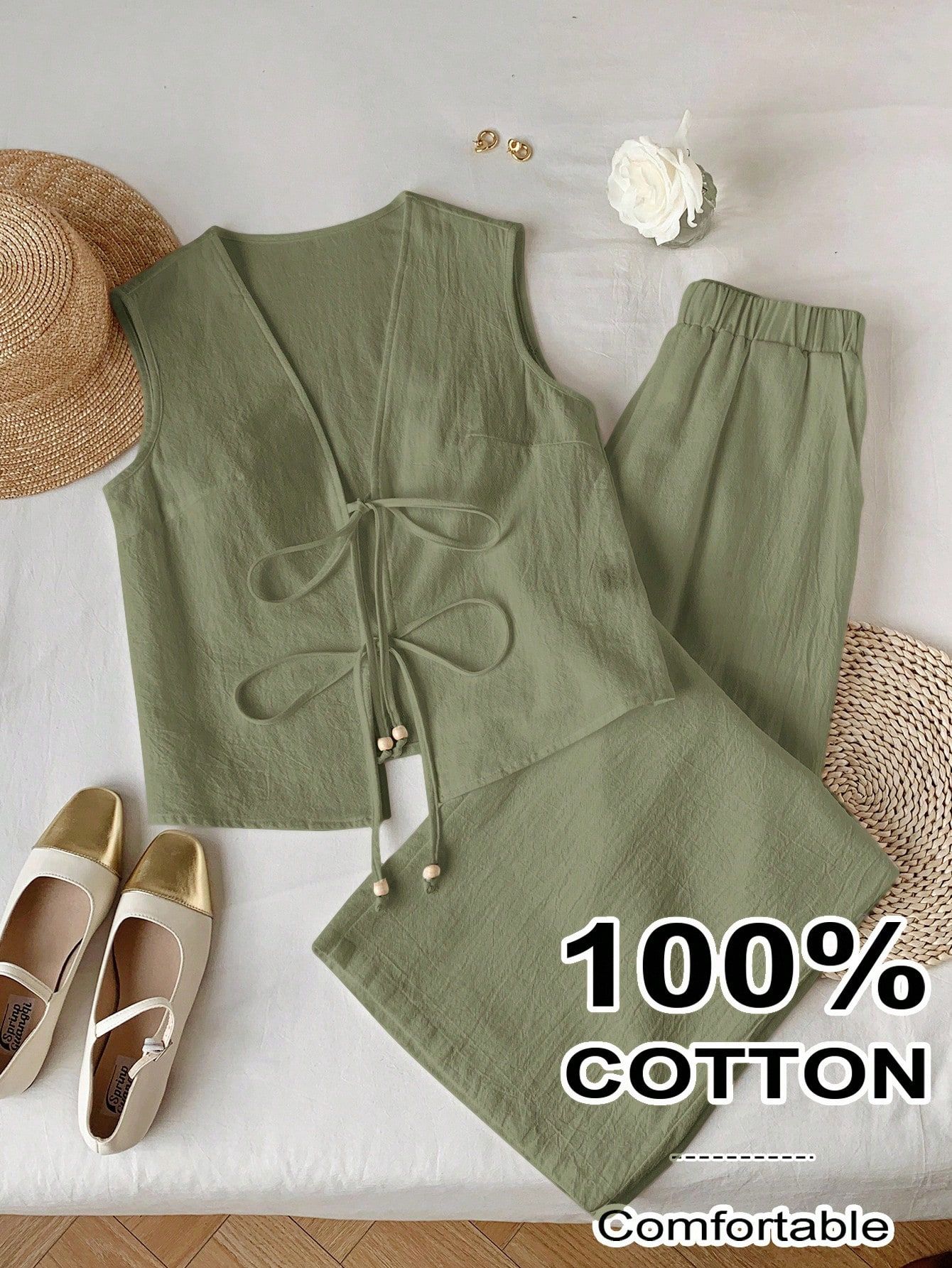 Plus Size Solid Color Beaded Tank Top And Long Pants 2 Pieces Set For Women, Summer