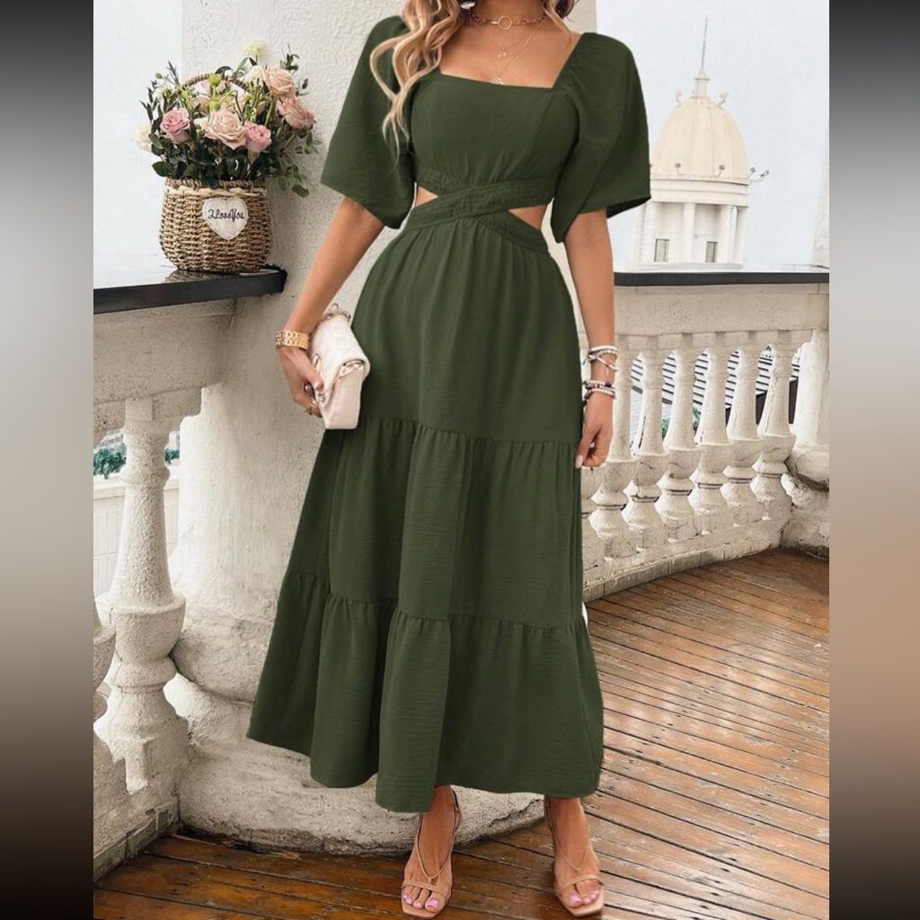 Army Green, Casual A-Line Dress With A Square Neckline, Short Sleeves. | Color: Green | Size: L