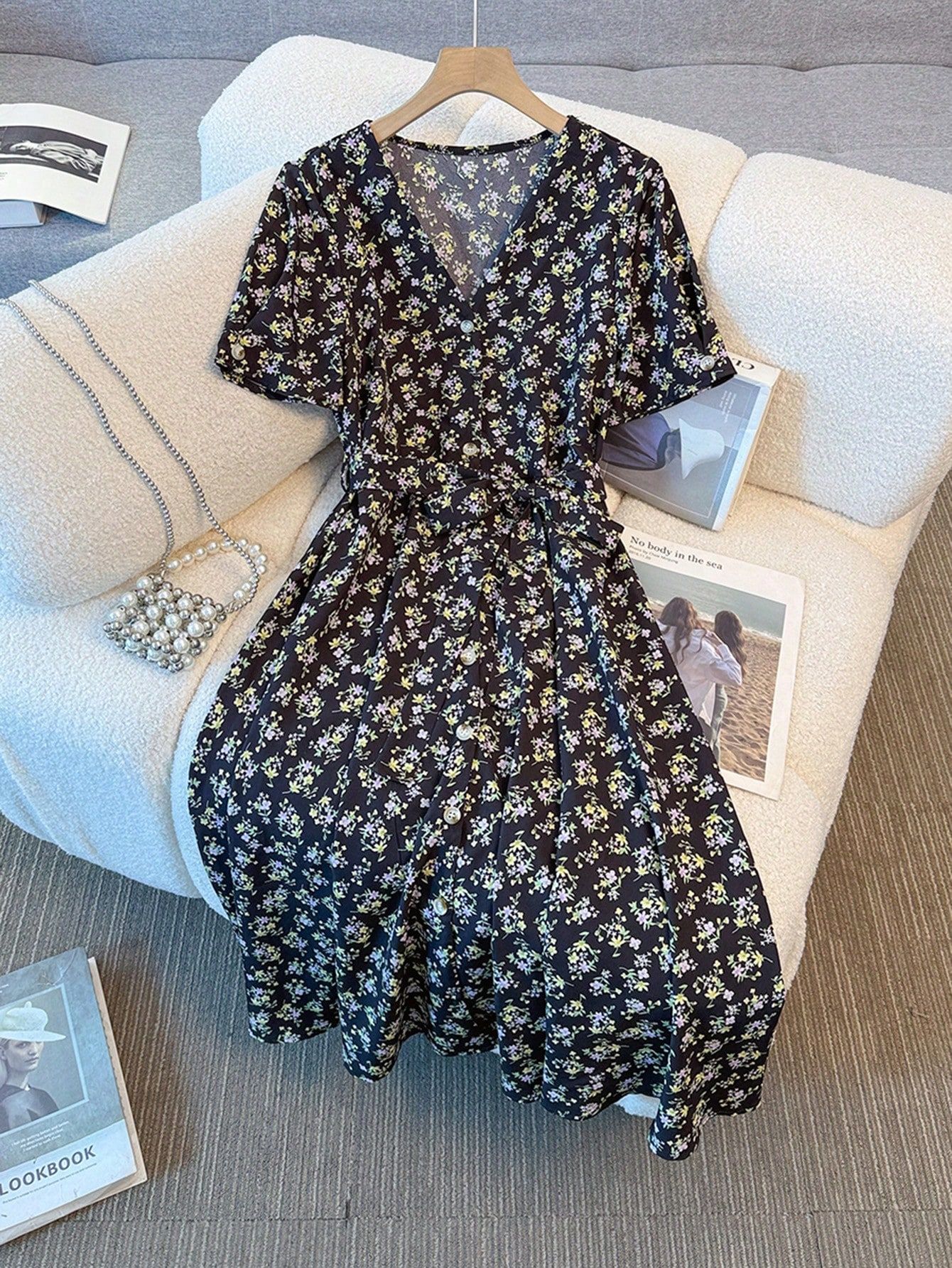 New Spring/Summer V-Neck Short Sleeve Tie Waist Pink Ditsy Floral Midi Dress, Versatile