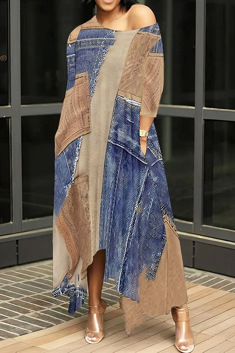 Plus Size Vacation Blue Casual All Over Print Oblique Collar 3/4 Sleeve Pocket Asymmetric Hem Maxi Dresses