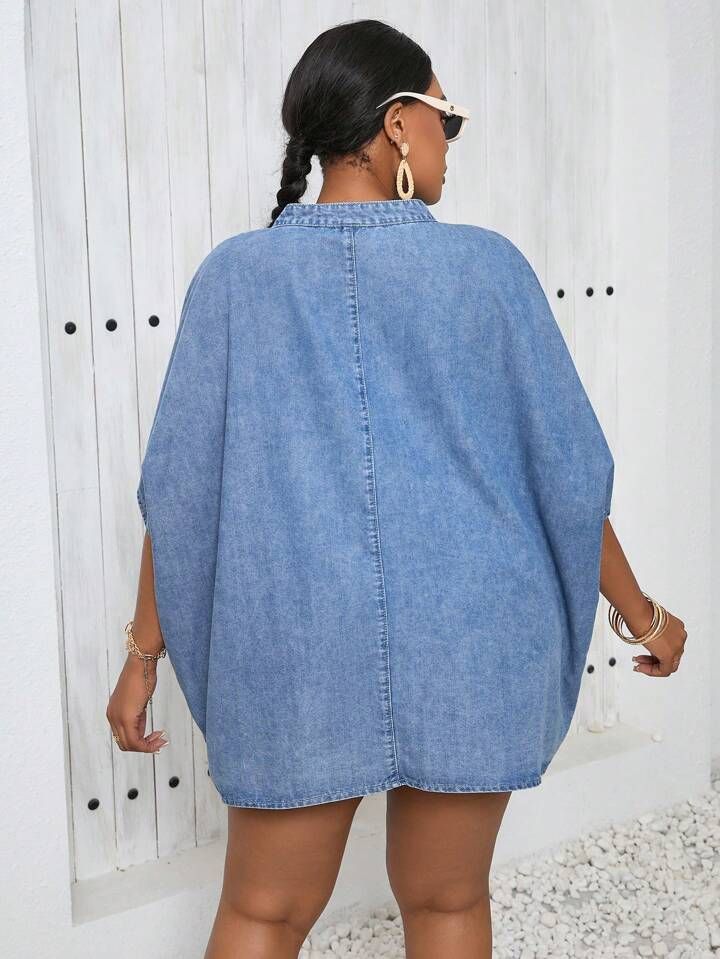 Plus Size Vacation Casual V-Neckline Roll Cuff Denim Dress With Flared Hem