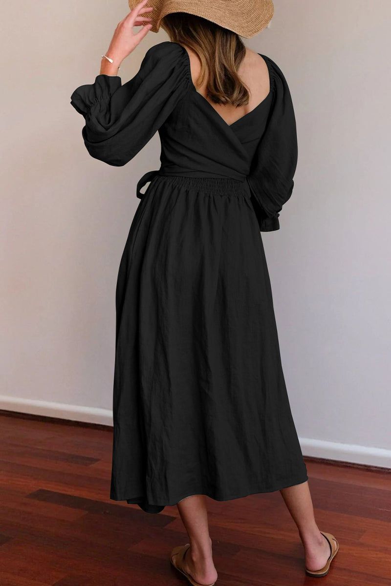 Elegant Solid Flounce Square Collar A Line Dresses - Black / S