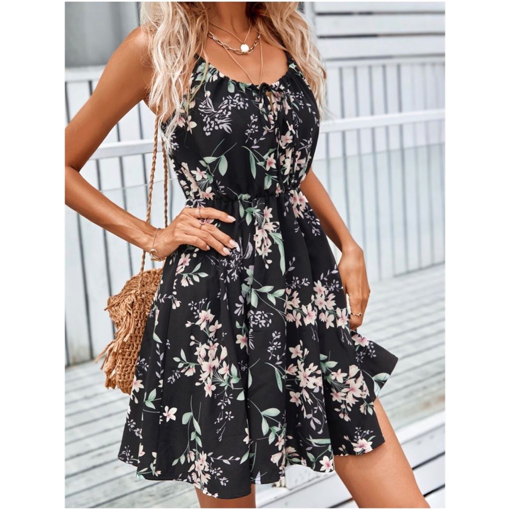 Bellanblue Dresses | Boho Black Floral Print Mini Cami Dress Cottagecore | Color: Black | Size: Various