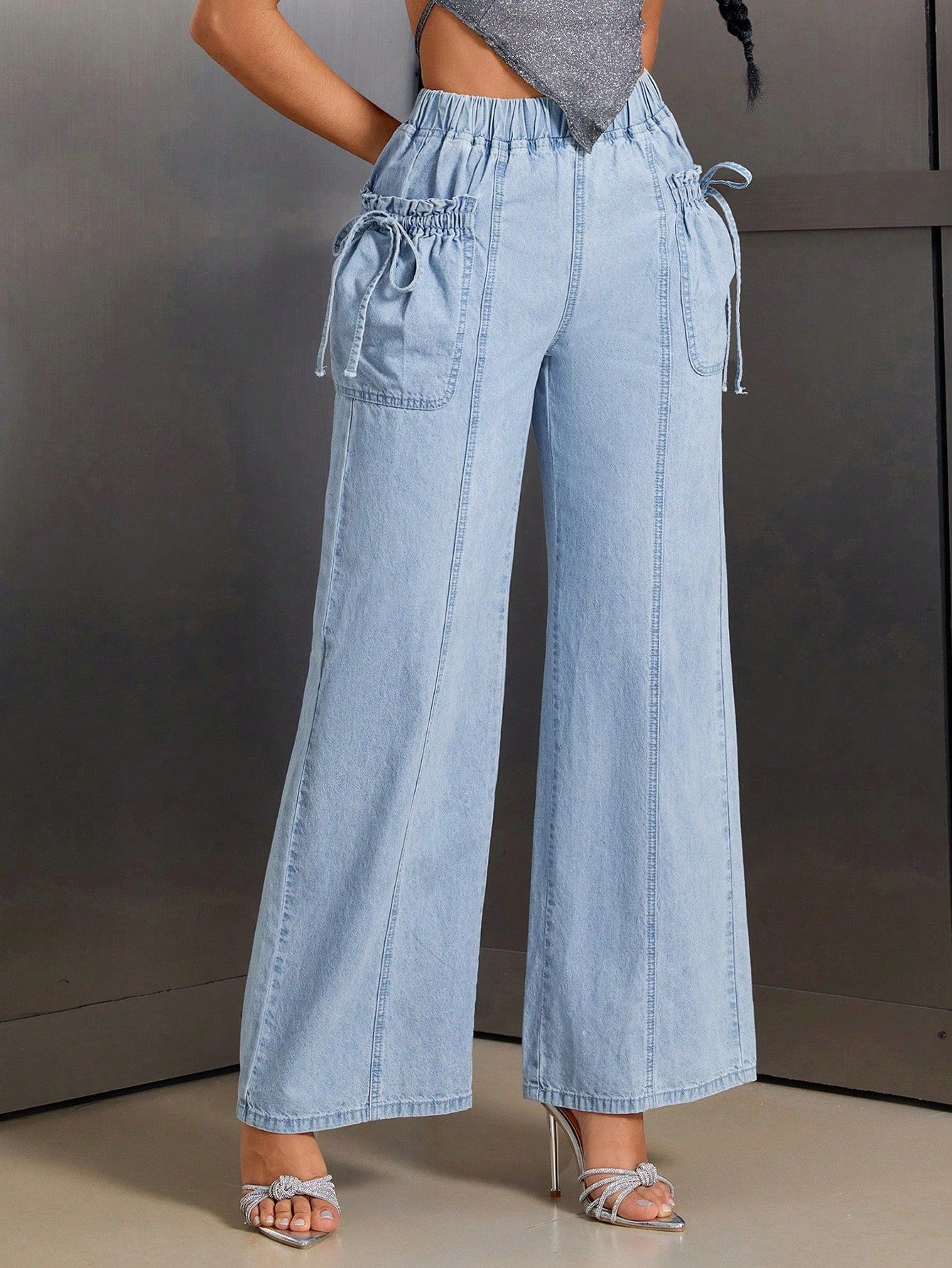 Women's Elastic Waist Side Pockets Wide Leg Loose Casual Denim Jeans