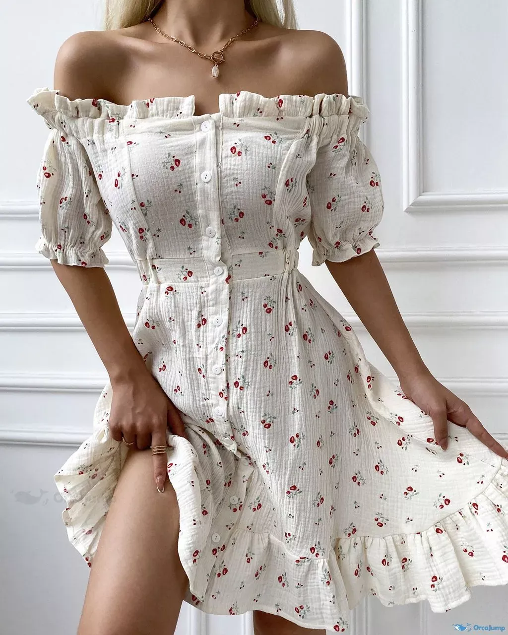 OrcaJump - Ditsy Floral Print Dress with Elegant Off-Shoulder Design and Stylish Frill Hem - white, M(6)