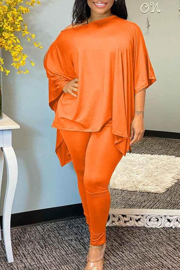 Cold Shoulder Batwing Sleeve Asymmetric Pants Suit Orange-M