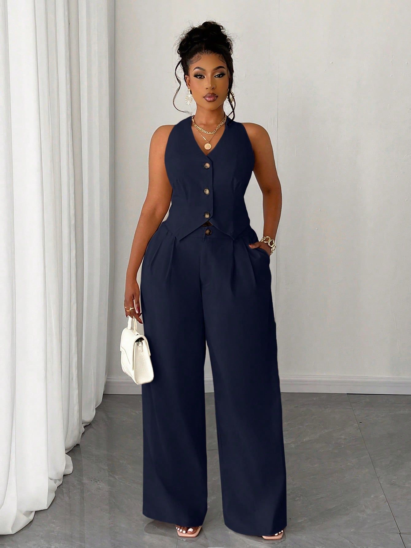 2pcs Plus Size Women Solid Color Short Vest Top And Wide Leg Pants Set