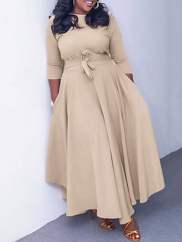 Pleated Solid Color Tied Waist Long Sleeves Round-neck Maxi Dresses KHAKI-L